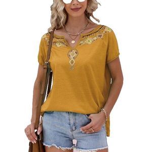 Camisa Yellow Embroidered Notch Neck Top Size L